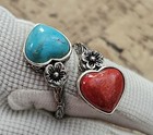 Southwest Style turquoise & coral  sterling silver Rope Band Hearts Flowers — photo 4