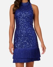 Adrianna Papell Women's Blue Sequined Fringe Sheath Dress Size 8