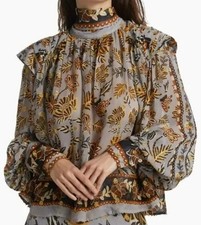 New Farm Rio Floral Lg Jacquard Blue Gold Thread Tie-Neck Silky Relaxed Blouse