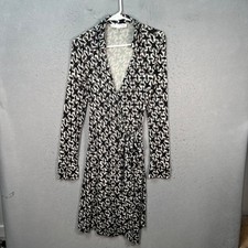 Diane Von Furstenberg Vintage Black  White Wrap Dress Geometric Long Sleeve