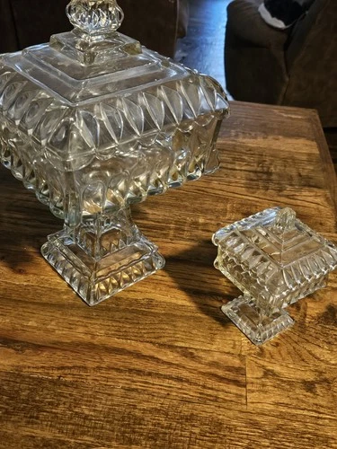 Vintage Jeanette Glass Clear PEDESTAL WEDDING CAKE BOX Lot Of 2