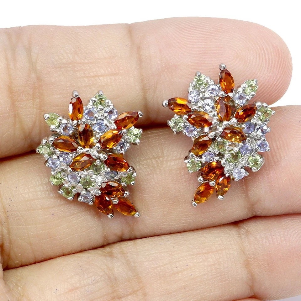 Orecchini In Argento Sterling 925 Con Gemme Di Citrino, Peridoto E Tanzanite - Immagine 2 di 4