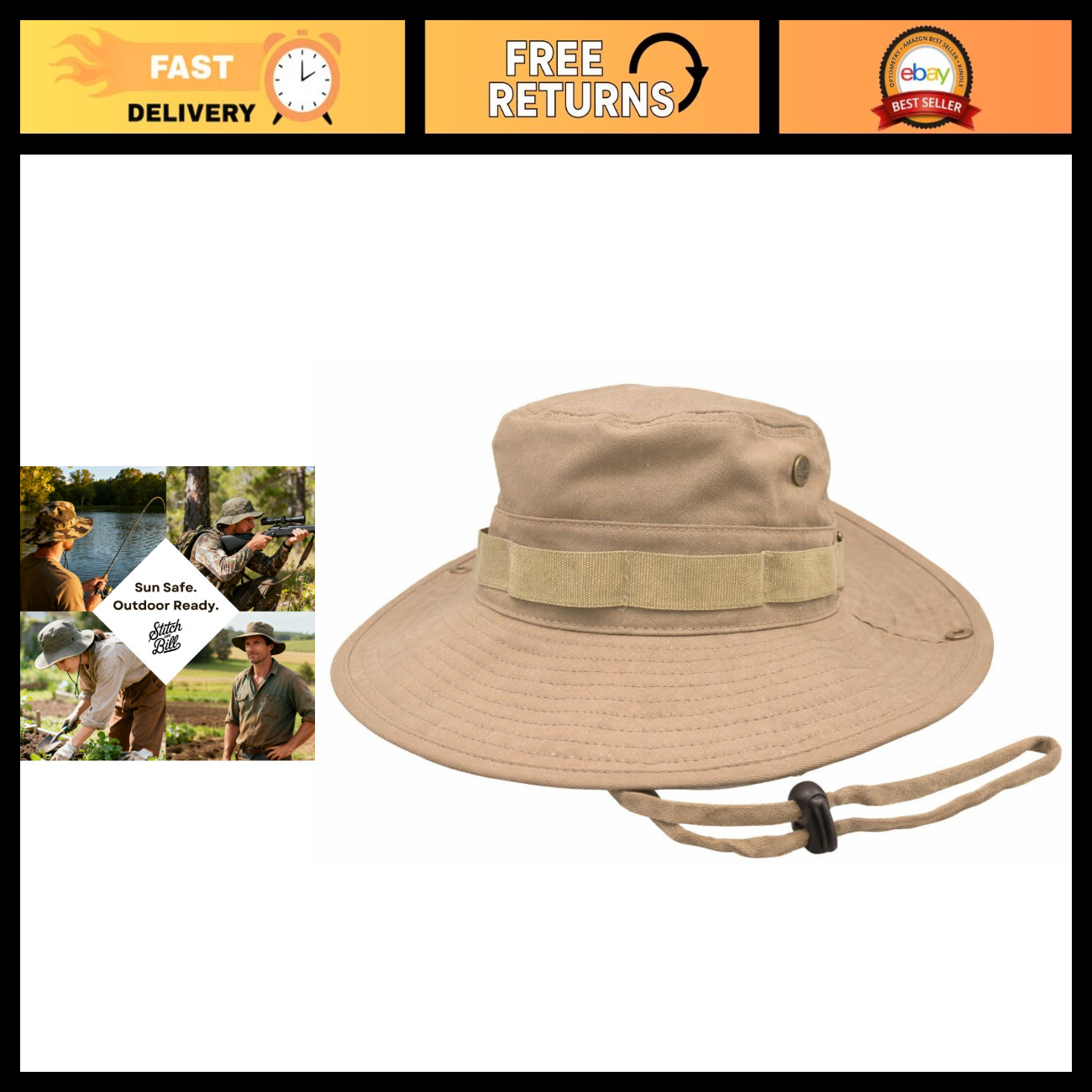 Adjustable 100% Cotton Sun Hat for Men & Women - UPF 50+ Boonie Hat for Fishing,