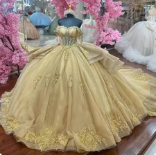 Gold Quinceanera Dresses Glitter Flower Appliques Sweet 15 16 Party Ball Gown