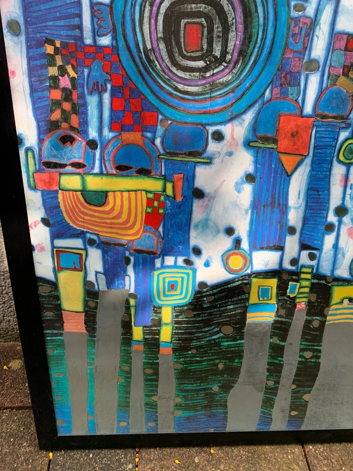 Hundertwasser Blaues Blau in Schwarzen Rahmen gerahmt 54x 45 cm Wandbild Wie Neu - Bild 4 von 4