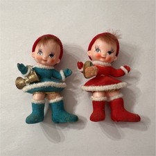 Vintage Elf Figurines Hand Painted Red Blue White Plastic Blow Mold Christmas