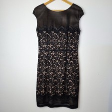Joseph Ribkoff Pencil Dress Size 14 Black Lace Overlay Nude Cocktail Evening