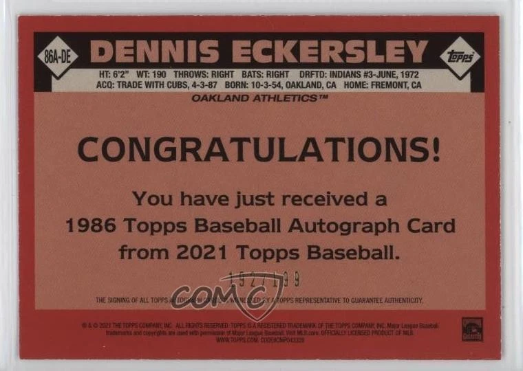 2021 Topps 1986 Baseball Black /199 Dennis Eckersley #86A-DE Auto HOF - Image 2 of 2