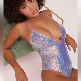 For Love And Lemons Skivvies Opal Low Plunge High Cut Sequin Bodysuit Size L  