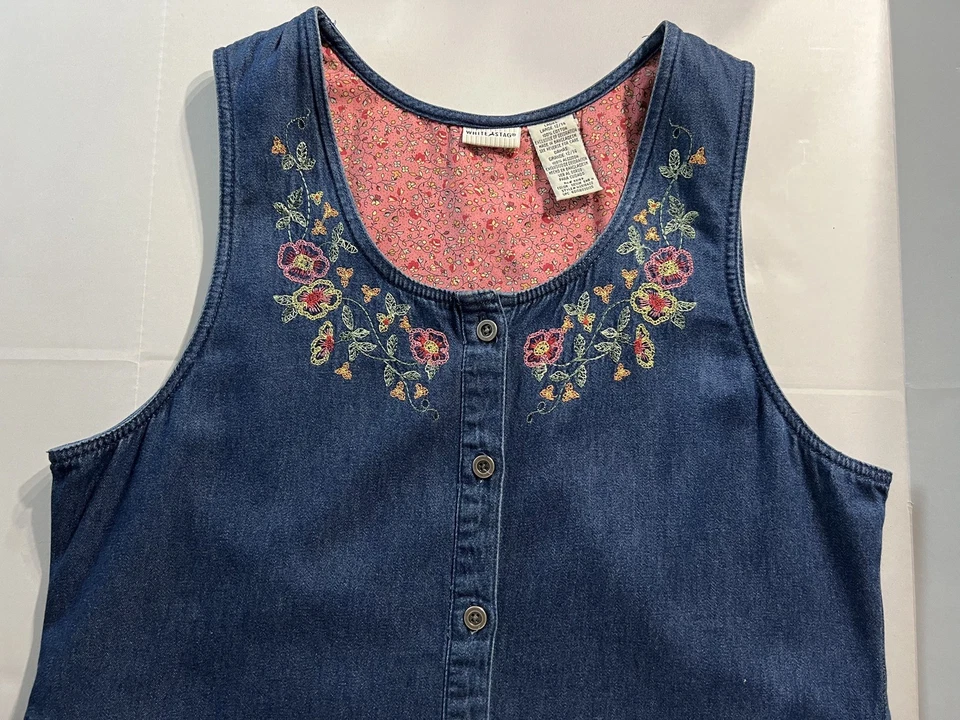 Vintage White Stag Embroidered Floral Denim Maxi Dress Cottagecore Modest L 90s - Image 2 of 4