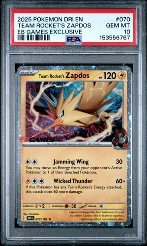 2025 POKEMON DESTINED RIVALS #070 TEAM ROCKET'S ZAPDOS EB GAMES EXCLUSIVE PSA 10