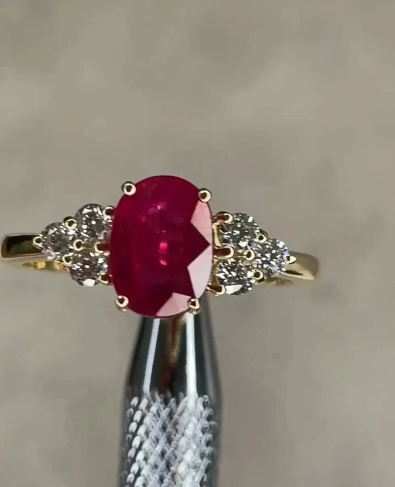 Anel de noiva de aniversário de rubi vermelho natural e diamante ouro amarelo sólido 14K 2,54 quilates - Imagem 4 de 4