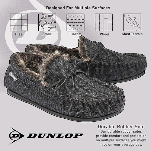 Dunlop Mens Moccasins Slippers Loafers Faux Fur Rubber Sole Memory Foam - Picture 4 of 41