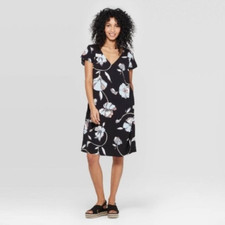 A New Day Black & Blue Floral V-Neck Short Sleeve Crepe Dress M