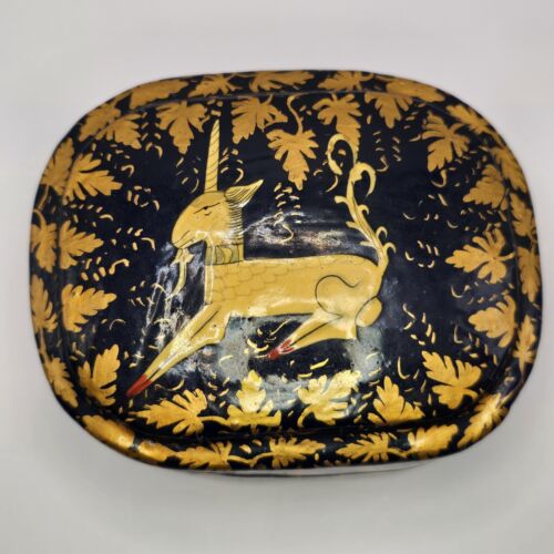 Lacquer Paper Mache Trinket Box Unicorn Goat Kashmir India Handpainted Vintage - Picture 4 of 9