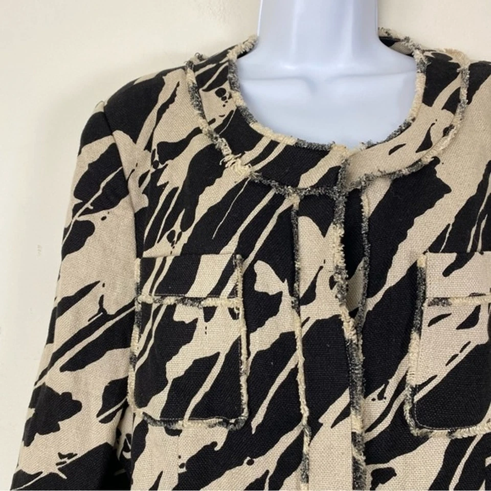 MICHAEL MICHAEL KORS Linen Black Print Snap Front Jacket Fringe Detail Size 14 - Image 3 of 4
