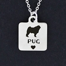 PUG DOG Necklace - Stainless Steel Charm on Chain Square with Heart Dog Engraved