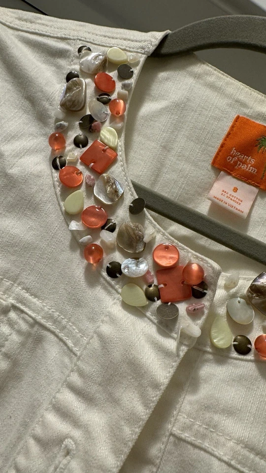 Chaqueta vaquera Hearts of Palm para mujer blanca denim con cuentas manga 3/4 talla 8 usada en excelente estado Foto 4 de 4