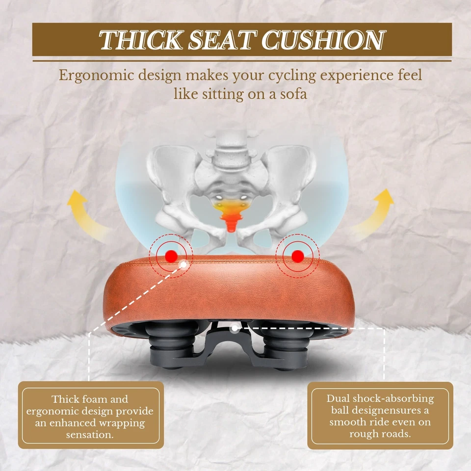 Asiento de bicicleta ancho para hombre y mujer cómodo - Cojín de asiento de bicicleta marrón de gran tamaño Foto 2 de 4