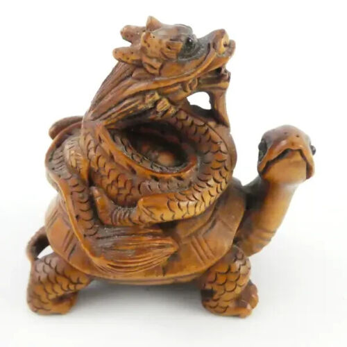 Antique Netsuke Dragon Riding On Tortoise Figurine Signed MADE IN JAPAN