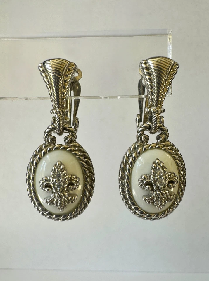 Pendientes Judith Ripka Blanco Ágata Ovalados Flor De Lis 925SS Dandle Gota Clip-On Foto 3 de 4