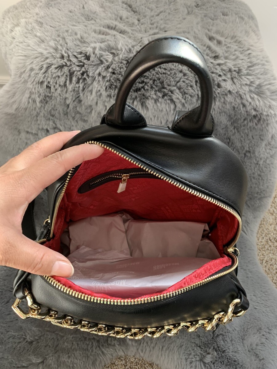 New Love Moschino Black Backpack w/ Gold Heart Chain Borsa