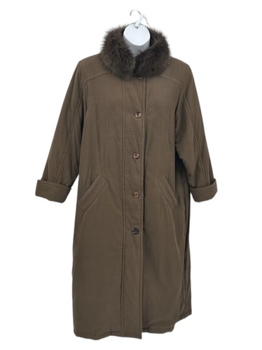 BERNARDO Full Length Parka Women’s XL Brown FOX FUR Removable Collar Winter Coat
