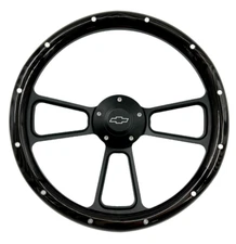 14" Black Steering Wheel, Dark Pine Wood Wrap & Chevy Bowtie Horn Button