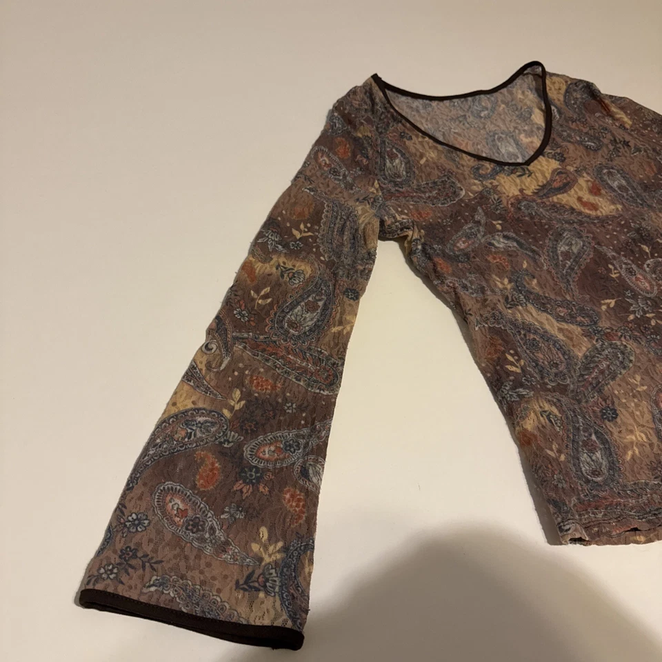 Top de Colección Y2K Años 90 Encaje Malla Manga Campana Med Tonos Tierra Paisley Hada Núcleo Foto 4 de 4