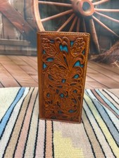 Light Brown Tooled Leather Western Style Tall Rodeo Wallet with Turquoise Inlay