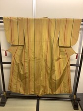 Japanese Vintage Kimono Polyester Yellow Line Tradition Dirt Height 57.48in