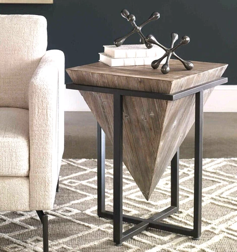 Bertrand Accent Side End Table Geometric Pyramid Aged Wood  ~ Uttermost 24864 - Picture 1 of 10