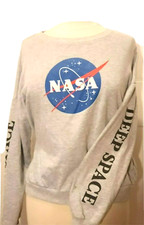NASA Sweatshirt - Deep Space - Gray Women's Sz S Script down sleeves Nasa Logo