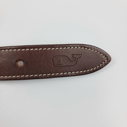 Vineyard Vines Wave Pattern Navy Cotton, Brown Leather & Brass Buckle Belt 26" - Picture 8 of 8