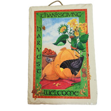 Welcome Thanksgiving Harvest Painted Slate Hanging Plaque Sign PUMPKINS CROW