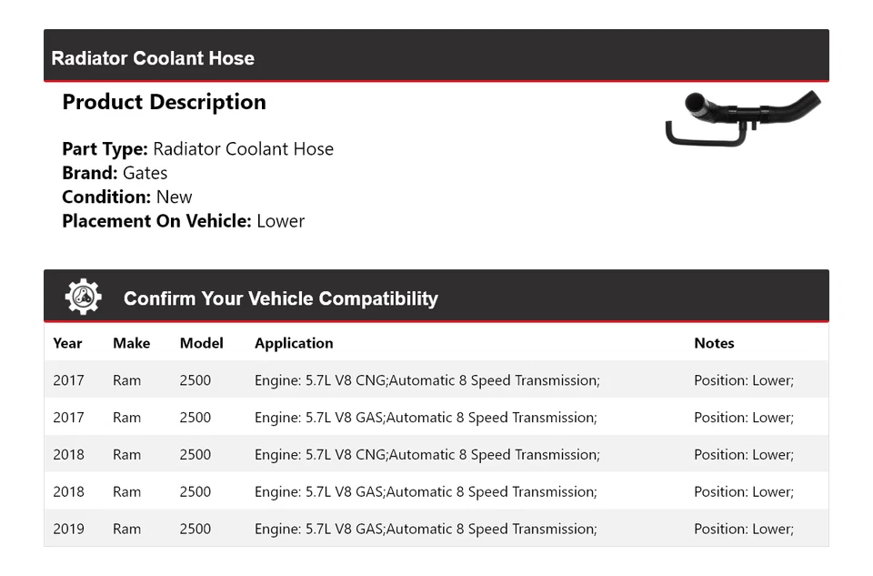Manguera de refrigerante de radiador Ram 2500 2017-2019 puertas inferiores 2018 Foto 2 de 3