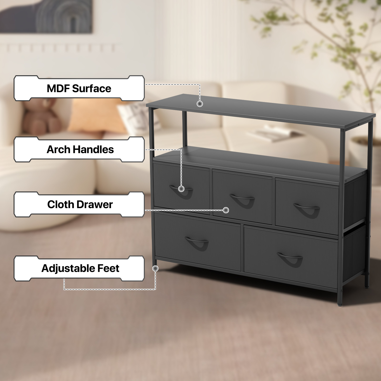 5 Black Drawers Dressers Fabric Chest of Drawers Storage Bedroom Organizer Bins