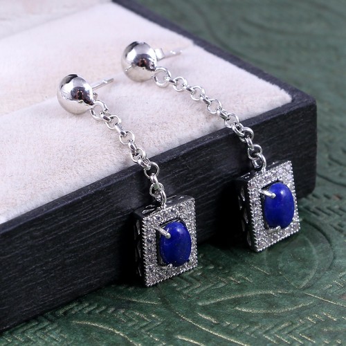 Natural Lapis Lazuli Long Dangle Earrings Halo Statement 925 Sterling Silver - Picture 2 of 3