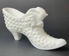 Signed Fenton Cat Head Shoe Hobnail High Heel Milk Glass Slipper Marked White