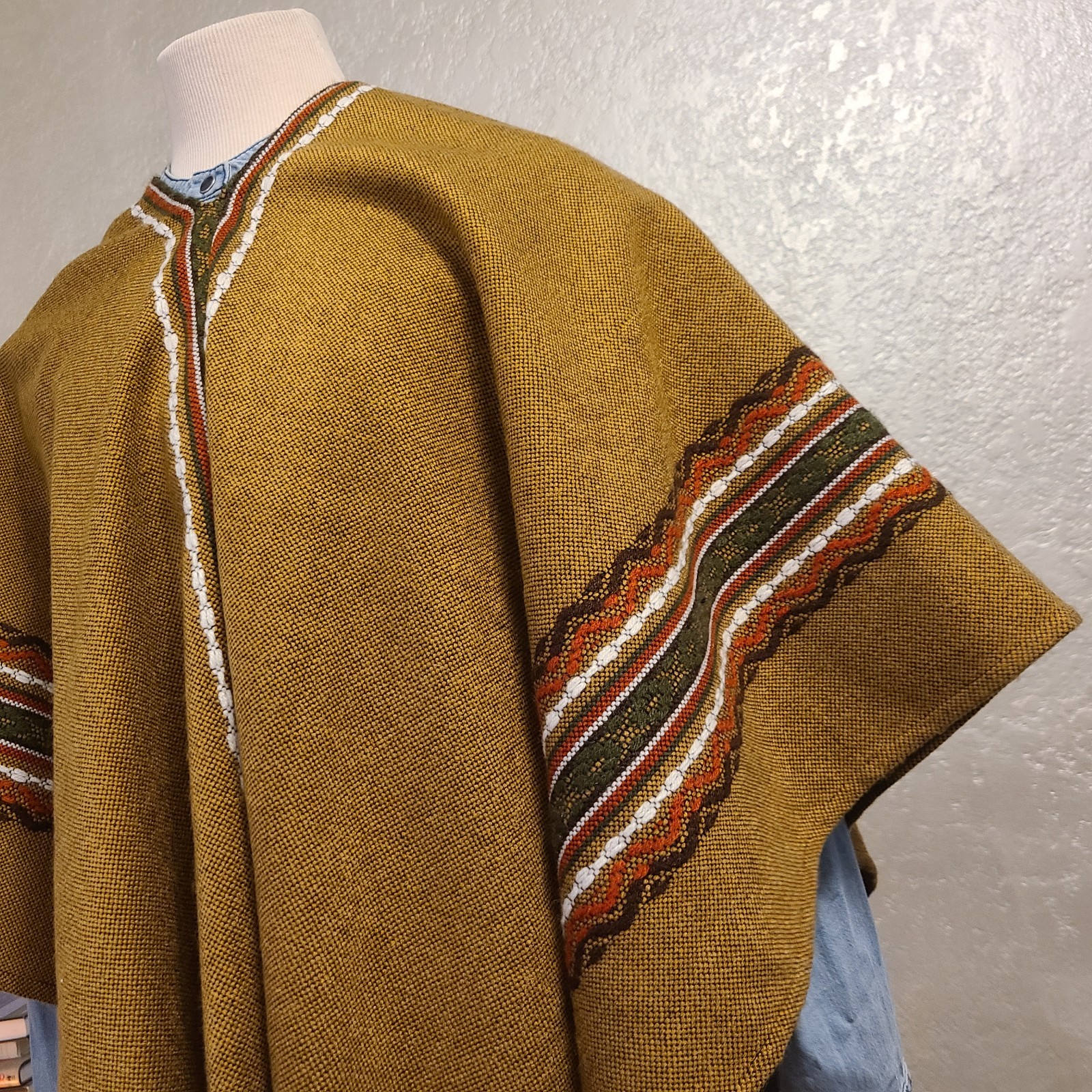 Vtg 70s Marianne Wendt Woven Poncho Fringe Brown Green Orange Boho Hippie Chile image 3