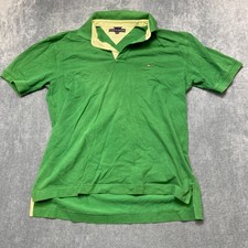 Y2k Tommy Hilfiger Polo Shirt Mens Large Green Regular Fit Side Slit Golf Tennis