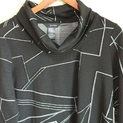 Ali Miles Blouse Womens Medium Black Cowl Neck 3/4 Sleeve Geometric Tunic Top