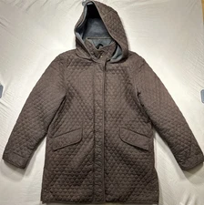 VTG Anna Klein Quilted Jacket Hood Fleece Lining Women’s L Brown ThermoLite Plus
