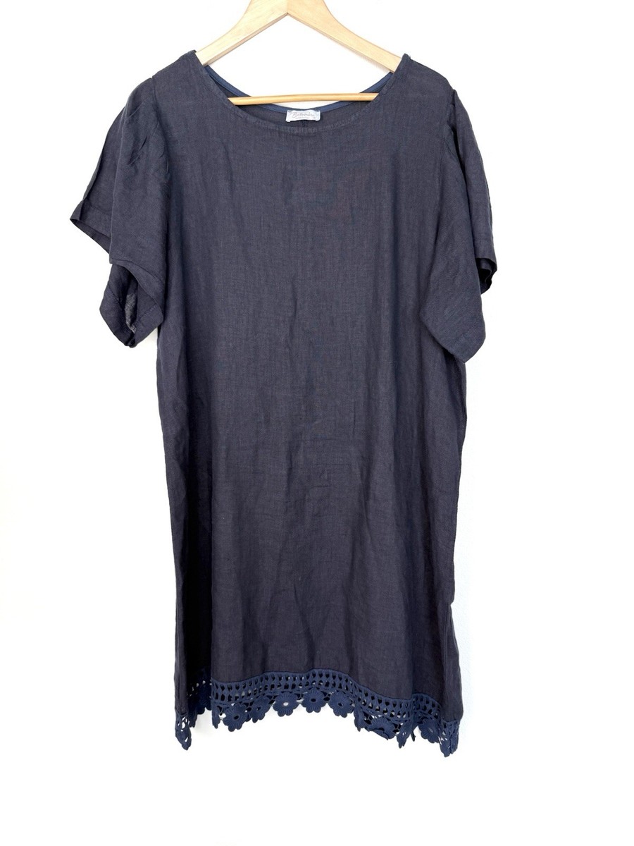 Bellambra Linen Dress Womens 1X Lagenlook Travel Vacation Beach Navy Blue  Lace | eBay