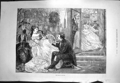 Original alter antiker Druck 1871 fehlender Partner Szene Romanze 19.