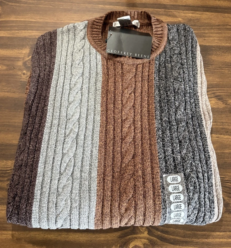 Suéter Geoffrey Beene Hombre Tejido con Cable Grande Marrón y Gris Grandpa Core Nuevo con Etiquetas Foto 2 de 4
