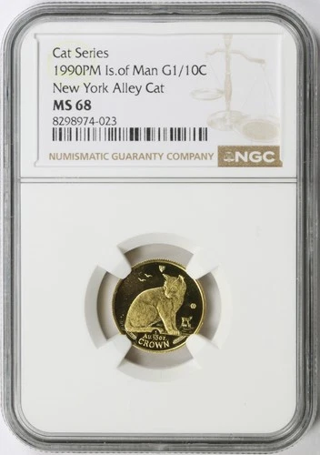 1990-PM Isle of Man Gold 1/10 Crown NGC MS68 Cat Series New York Alley Cat