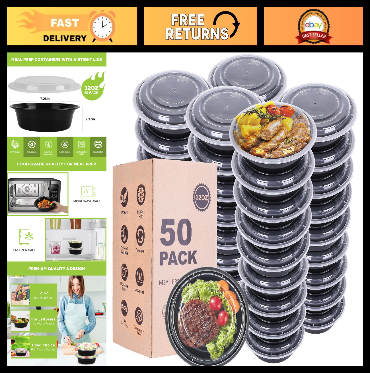 50-50 Pack 32oz Round Meal Prep Containers with