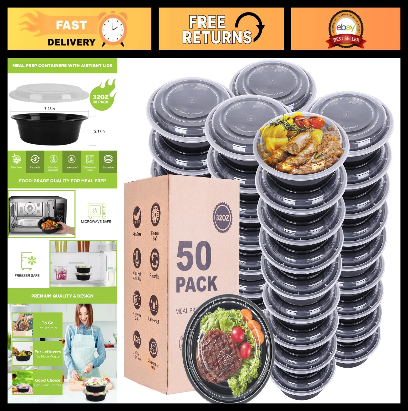 50-Pack 32oz Meal Prep Containers with Lids - Round, BPA-Free, Freezer & Dishwas