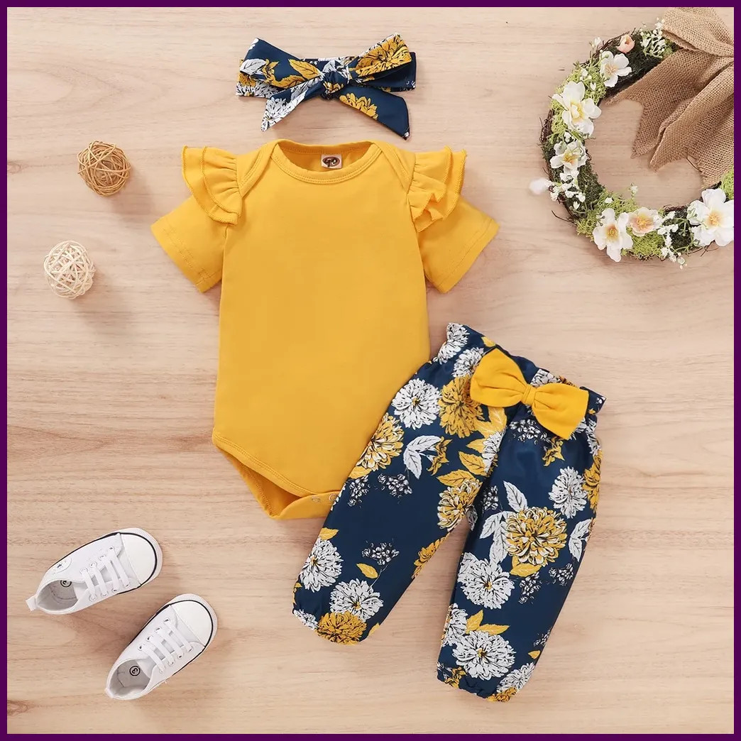 Conjunto de ropa recién nacido bebé niña bebés niña manga corta body + pantalones florales
